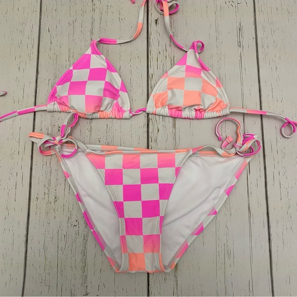 Checkered Neon Pink and Orange String Bikini Set - Picture 1 of 4